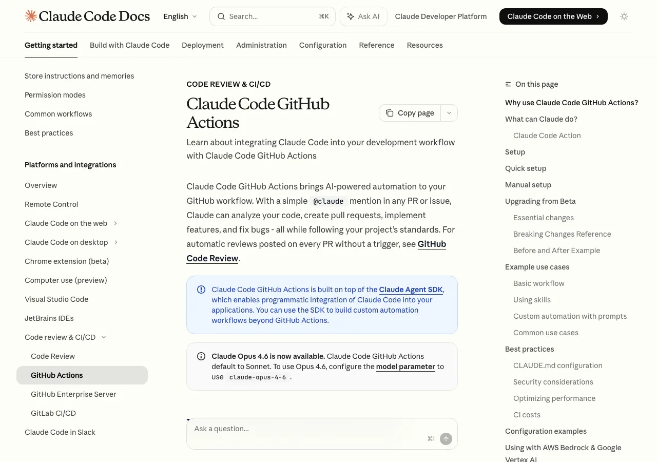 Claude Code GitHub ActionsのSetupセクション（公式ドキュメントより）
