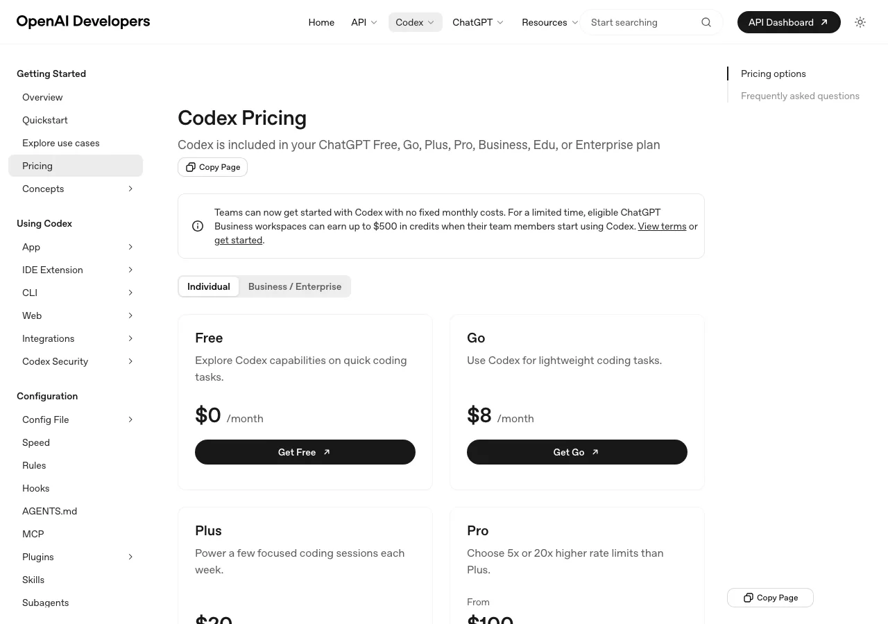OpenAI Codex公式料金ページ（Free/Go/Plus/Proプランの価格）（公式サイトより）