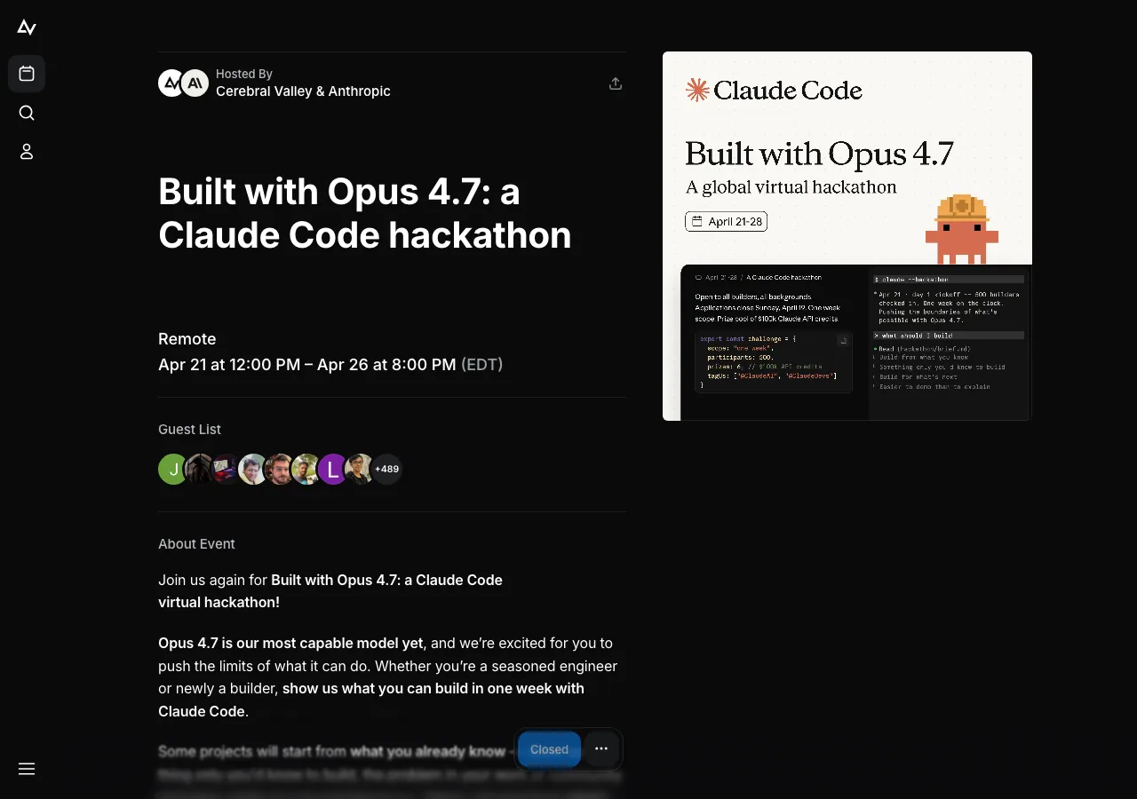 Built with Opus 4.7: a Claude Code hackathon のイベントページ（Cerebral Valleyより）