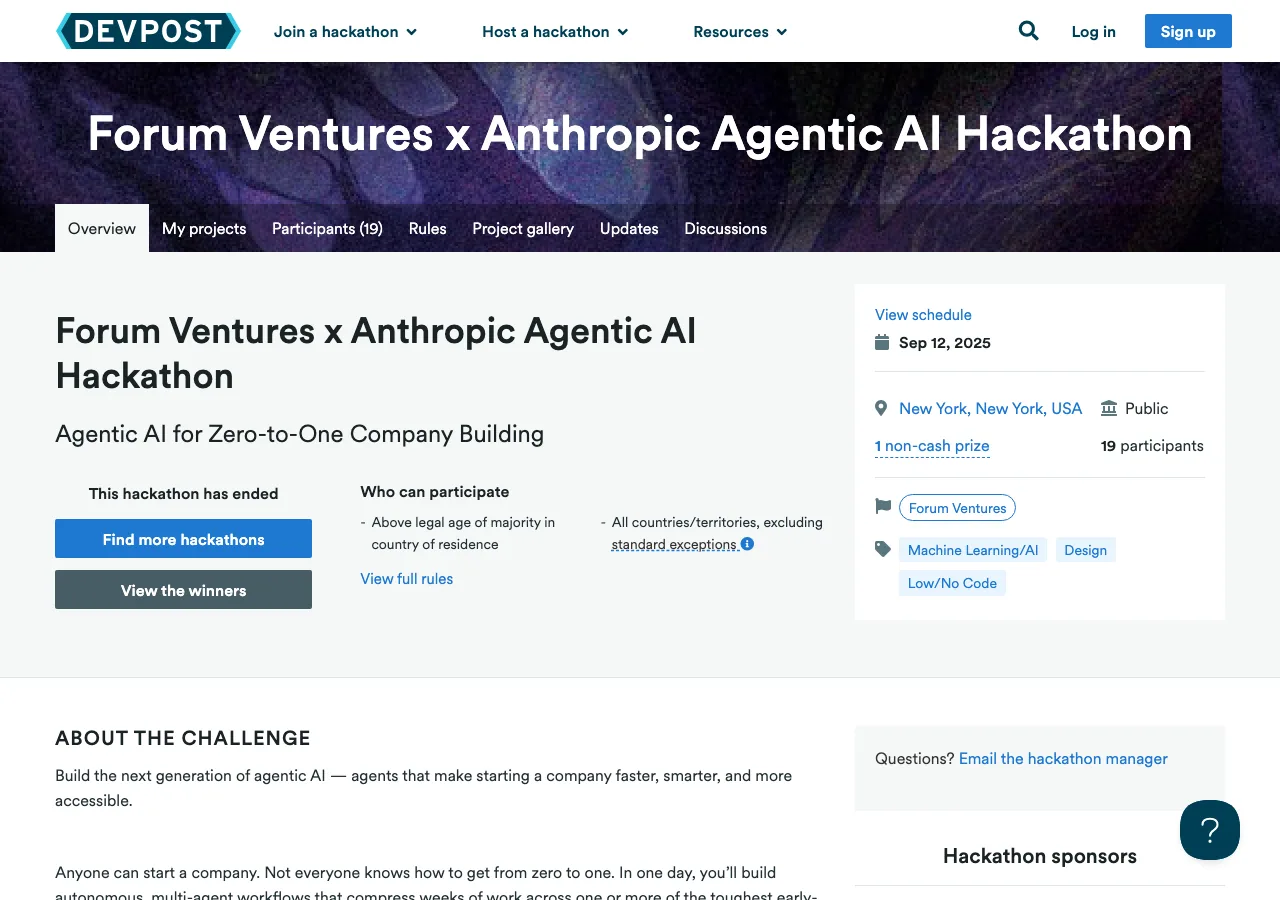 Forum Ventures × Anthropic Agentic AI Hackathonの公式Devpostページ（公式サイトより）
