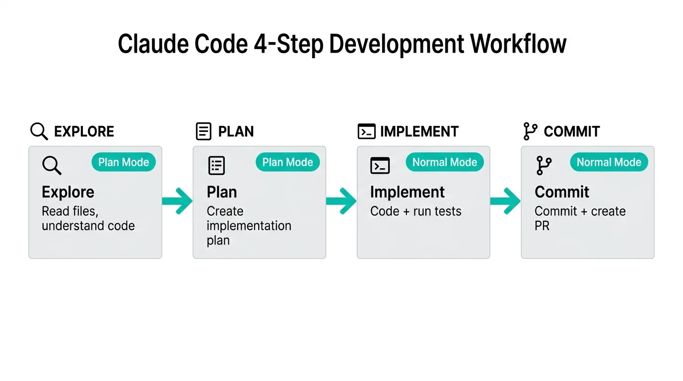 Claude Code 4ステップ開発ワークフロー：Explore→Plan→Implement→Commit（作成）