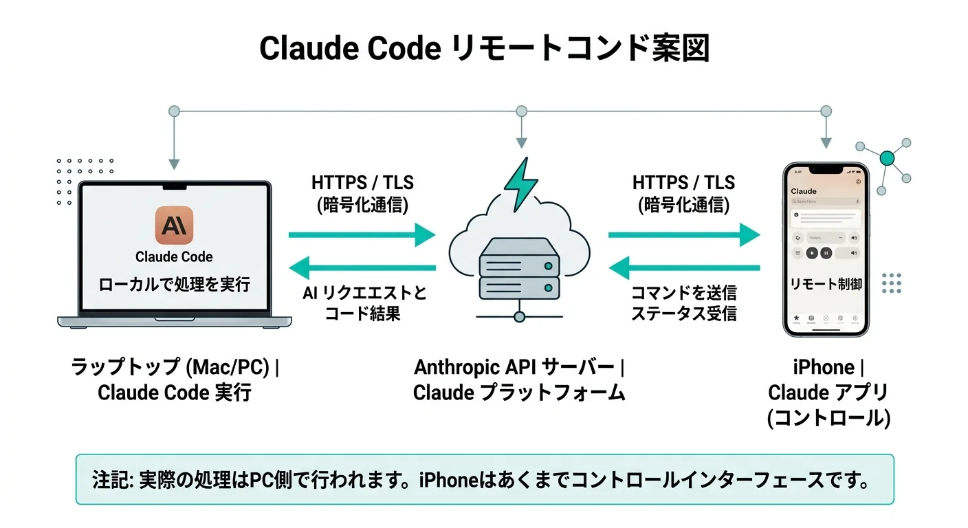 Remote Controlのアーキテクチャ：PC→AnthropicAPIサーバー→iPhoneの中継構造