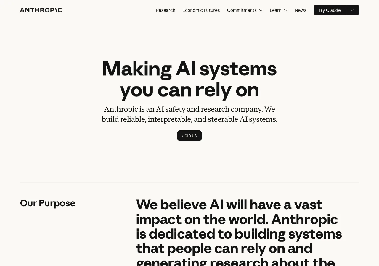 Anthropicの公式サイト「Making AI systems you can rely on」(公式サイトより)