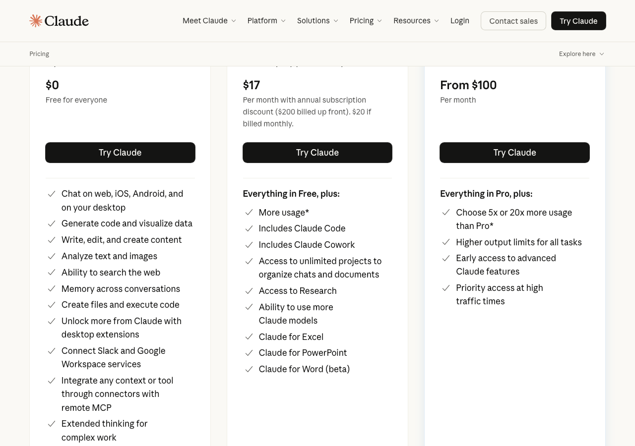Anthropic公式Pricingページの料金プラン一覧。Free($0)、Pro($17/月)、Max($100/月〜)の3プランが並び、各プランで利用可能な機能が比較されている(Anthropic公式サイトより)