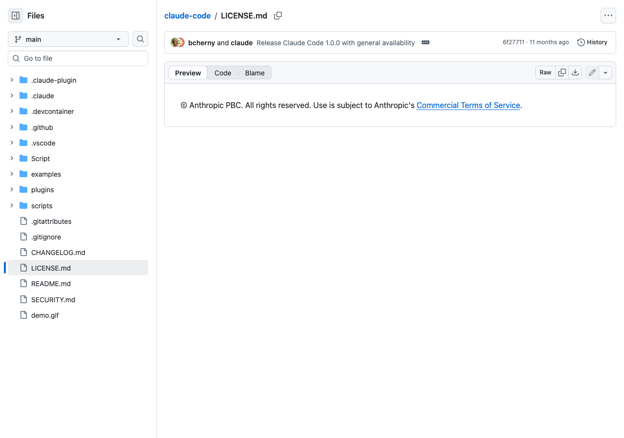 Claude CodeのLICENSE.mdをGitHubで確認した画面。「© Anthropic PBC. All rights reserved. Use is subject to Anthropic's Commercial Terms of Service」という1行のみが記載されている(GitHub公式リポジトリより)