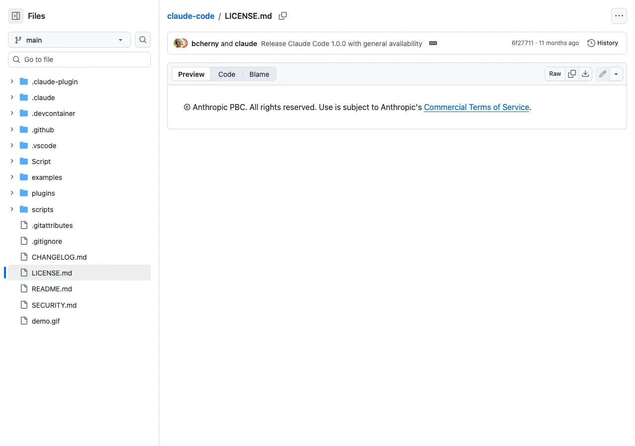 Claude CodeのLICENSE.mdをGitHubで確認した画面。「© Anthropic PBC. All rights reserved. Use is subject to Anthropic's Commercial Terms of Service」という1行のみが記載されている（GitHub公式リポジトリより）