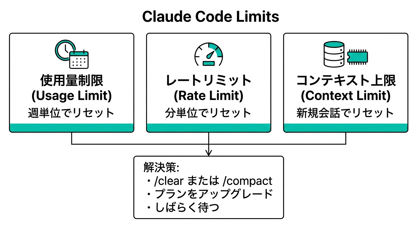 Claude Code Limitsの3種類(使用量制限・レートリミット・コンテキスト上限)の概念図