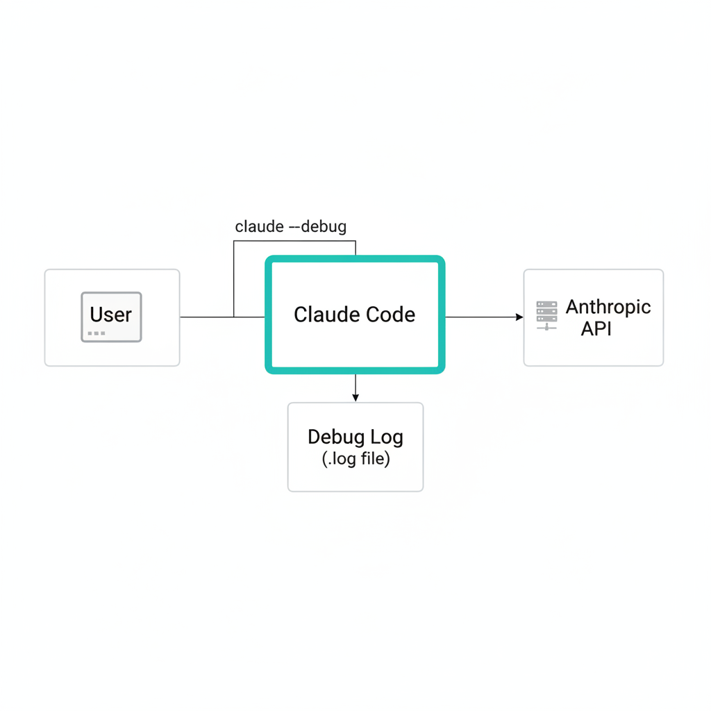 Claude Codeのデバッグログフロー:ユーザーからClaude Code、Anthropic API、デバッグログファイルへの流れ