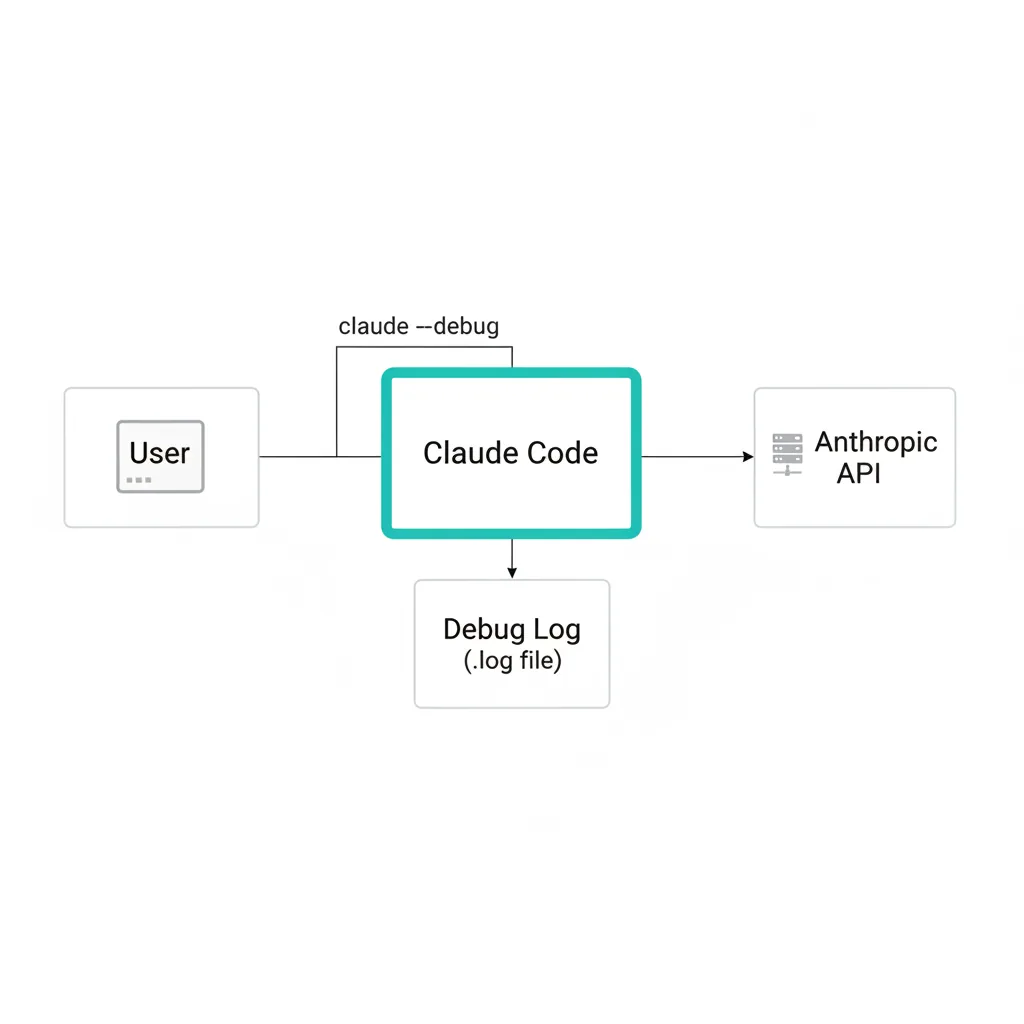 Claude Codeのデバッグログフロー：ユーザーからClaude Code、Anthropic API、デバッグログファイルへの流れ