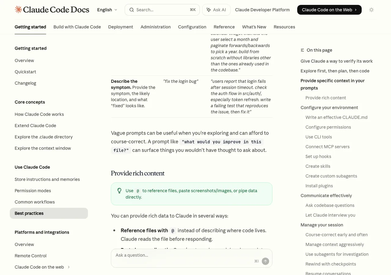 Claude Code公式ベストプラクティスドキュメント：CLAUDE.mdの活用やコンテキスト管理のガイドラインが記載されている（公式サイトより）