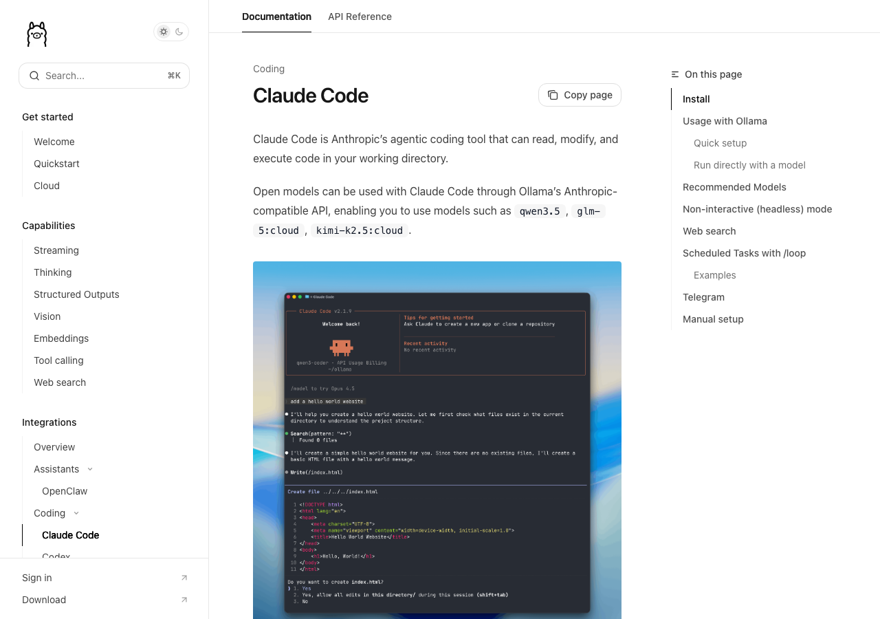 OllamaのClaude Code統合ページ(公式サイトより)