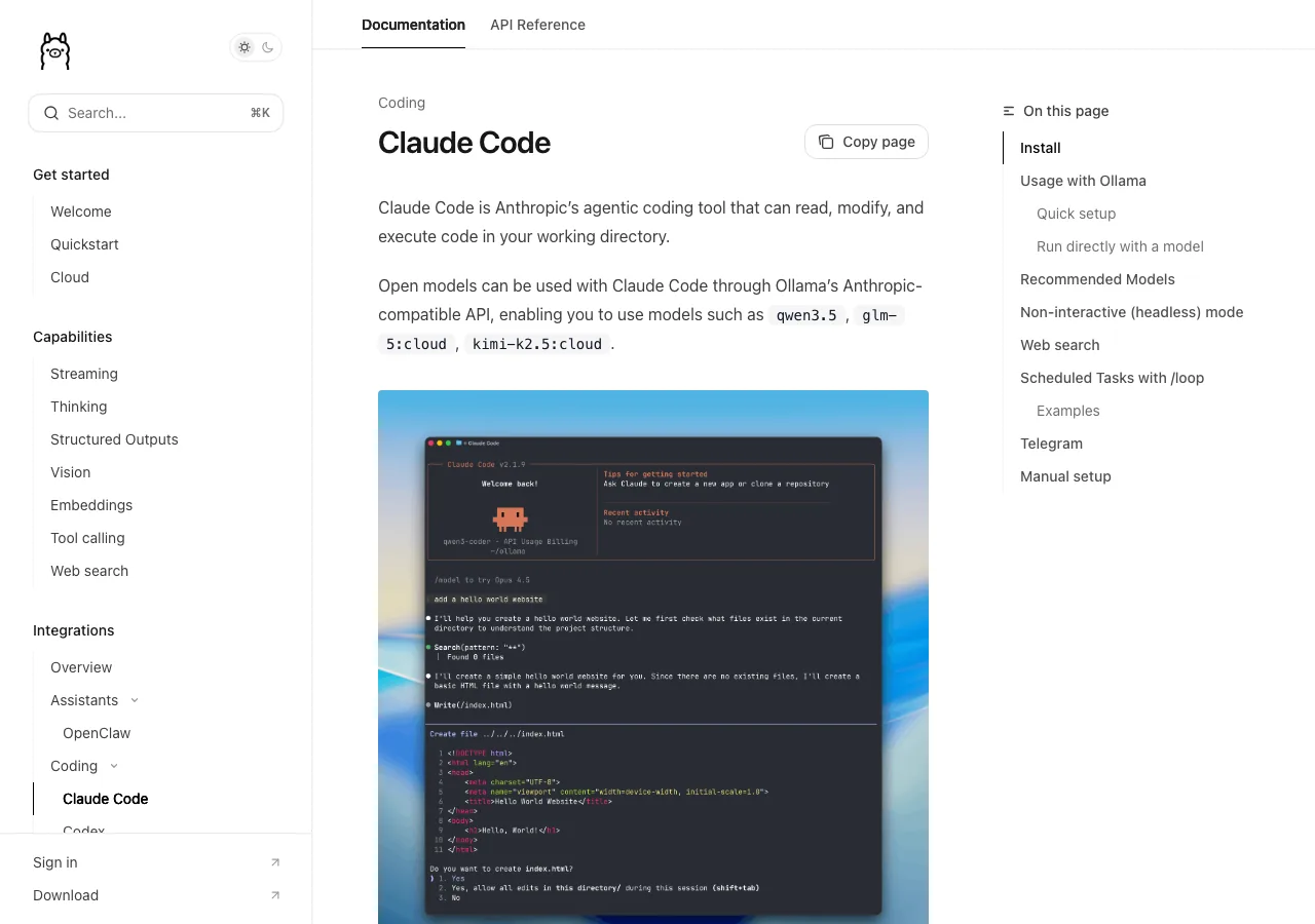 OllamaのClaude Code統合ページ（公式サイトより）