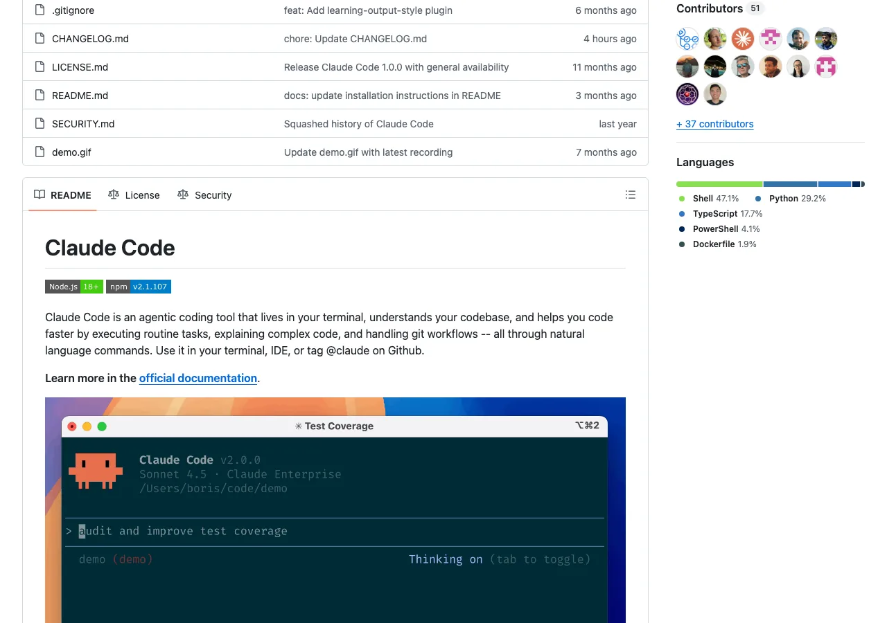anthropics/claude-codeリポジトリのREADME：Claude Codeのデモ画面とインストール手順（GitHubより）