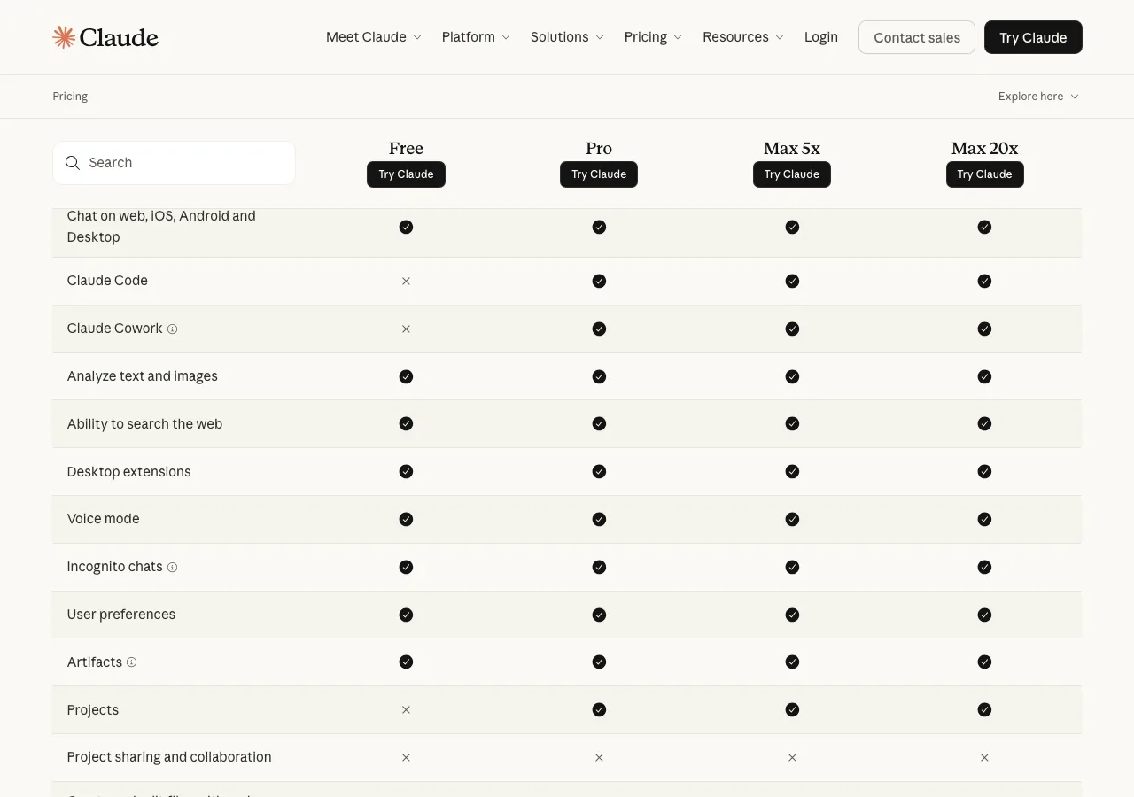 プラン別機能比較 — Claude CodeはPro以上で利用可能（公式サイトより）