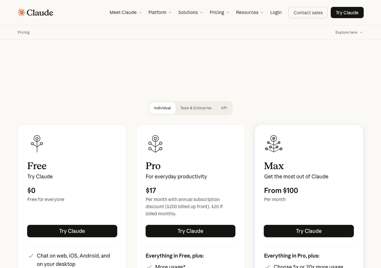 claude.com公式料金ページ:Free・Pro・Maxのプランカード一覧(公式サイトより)