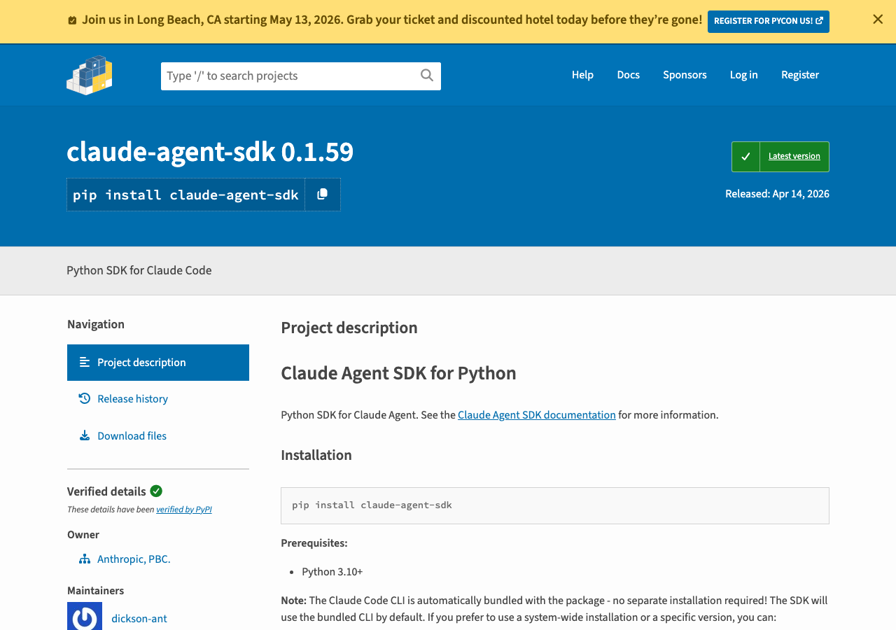 claude-agent-sdk PyPIパッケージページ - Anthropic公式Python SDKのインストール情報(公式サイトより)