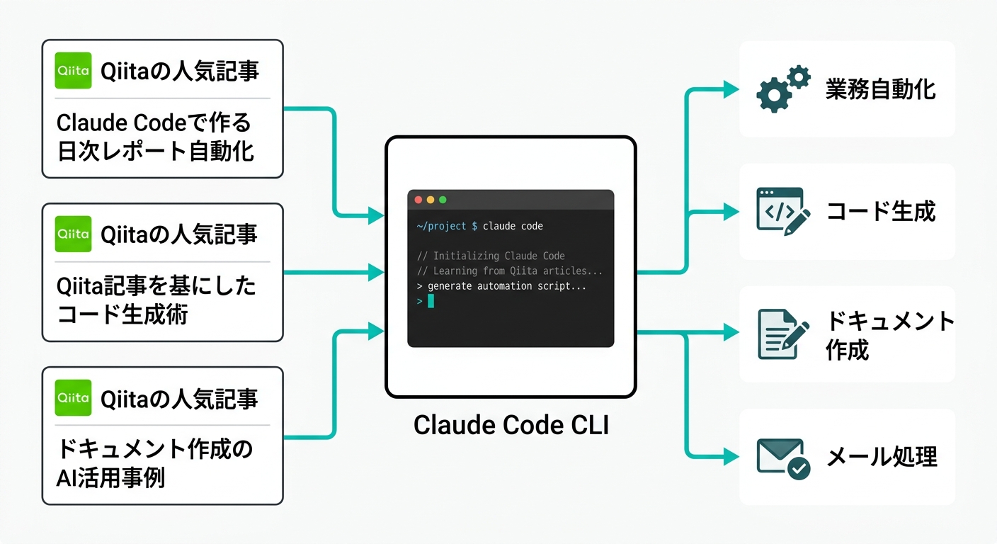Claude CodeとQiitaの関係を示すエコシステム図(Qiita人気記事を学習源にClaude Codeで業務自動化・コード生成・ドキュメント作成・メール処理へ展開する構造図)