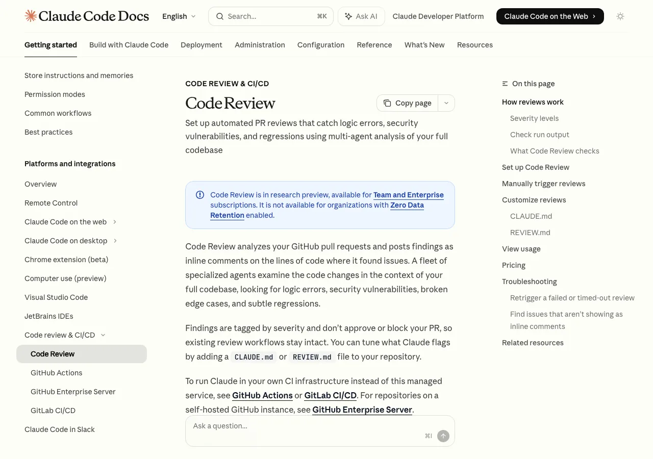 Claude Code Code Review機能のページ（公式サイトより）