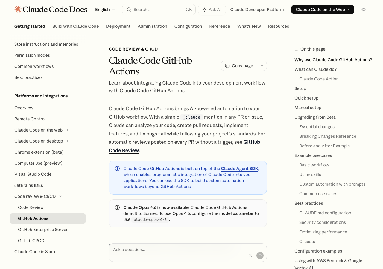 Claude Code GitHub Actionsの公式ドキュメントページ(公式サイトより)
