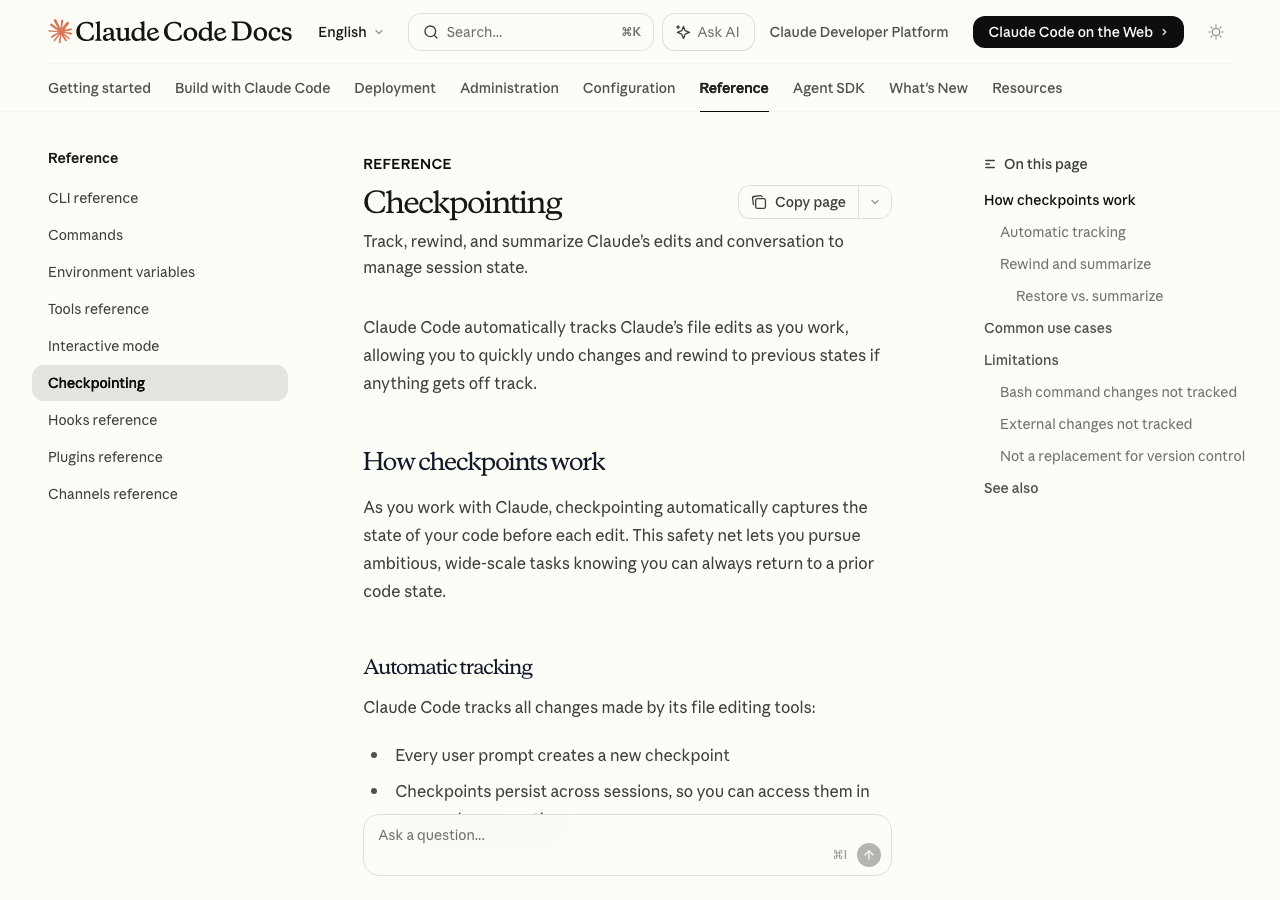 Claude Code公式ドキュメントのCheckpointingページ(公式サイトより)