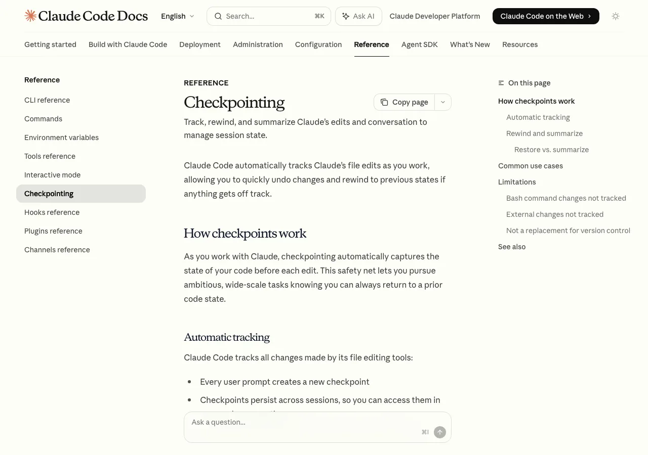 Claude Code公式ドキュメントのCheckpointingページ（公式サイトより）