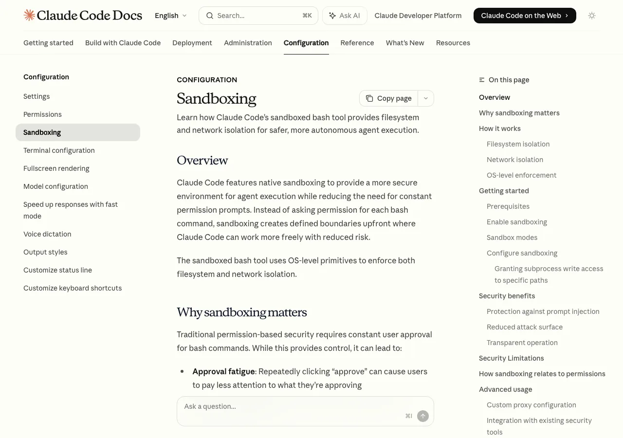 Claude Code Sandboxingの公式ドキュメント概要ページ（Anthropic公式サイトより）