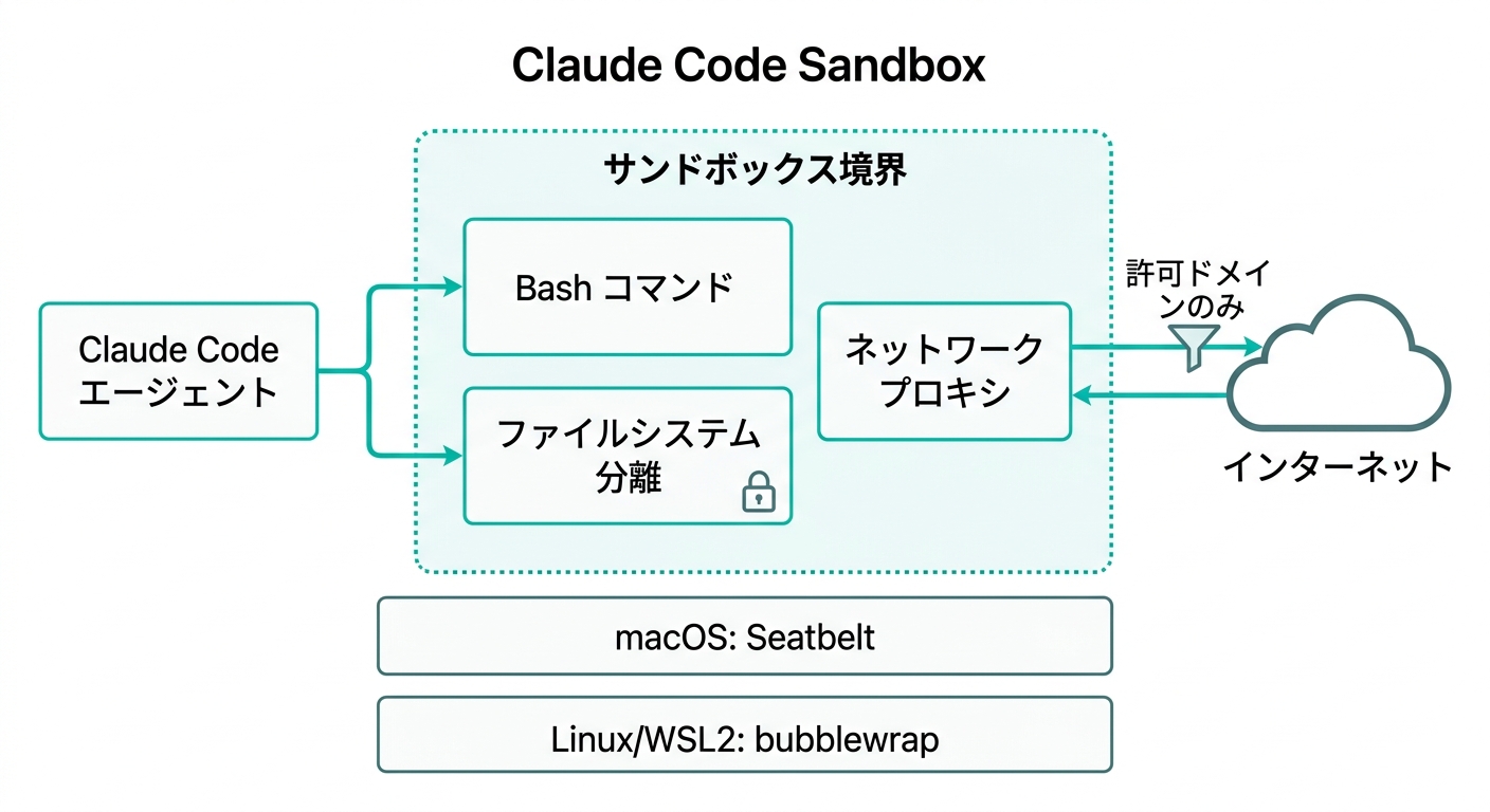 Claude Code Sandboxのアーキテクチャ図:サンドボックス境界・ファイルシステム分離・ネットワークプロキシの構成