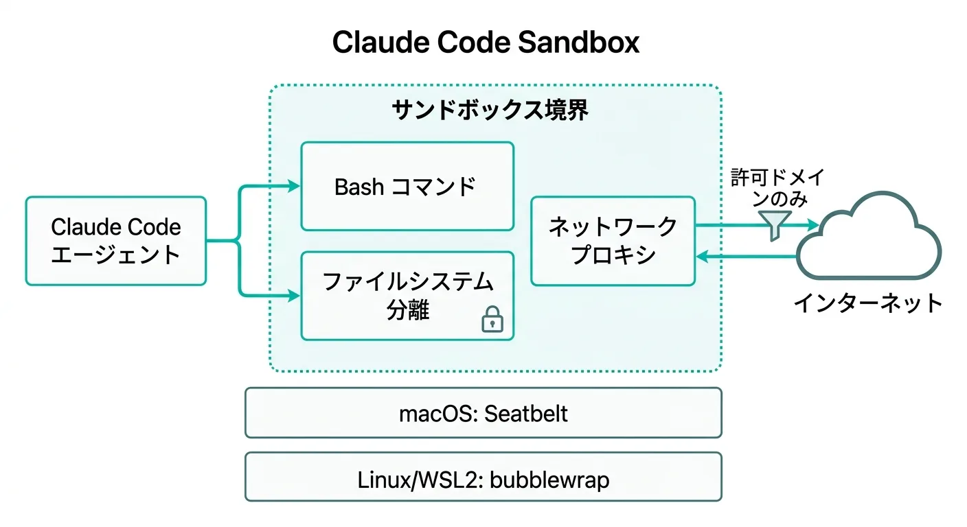 Claude Code Sandboxのアーキテクチャ図：サンドボックス境界・ファイルシステム分離・ネットワークプロキシの構成