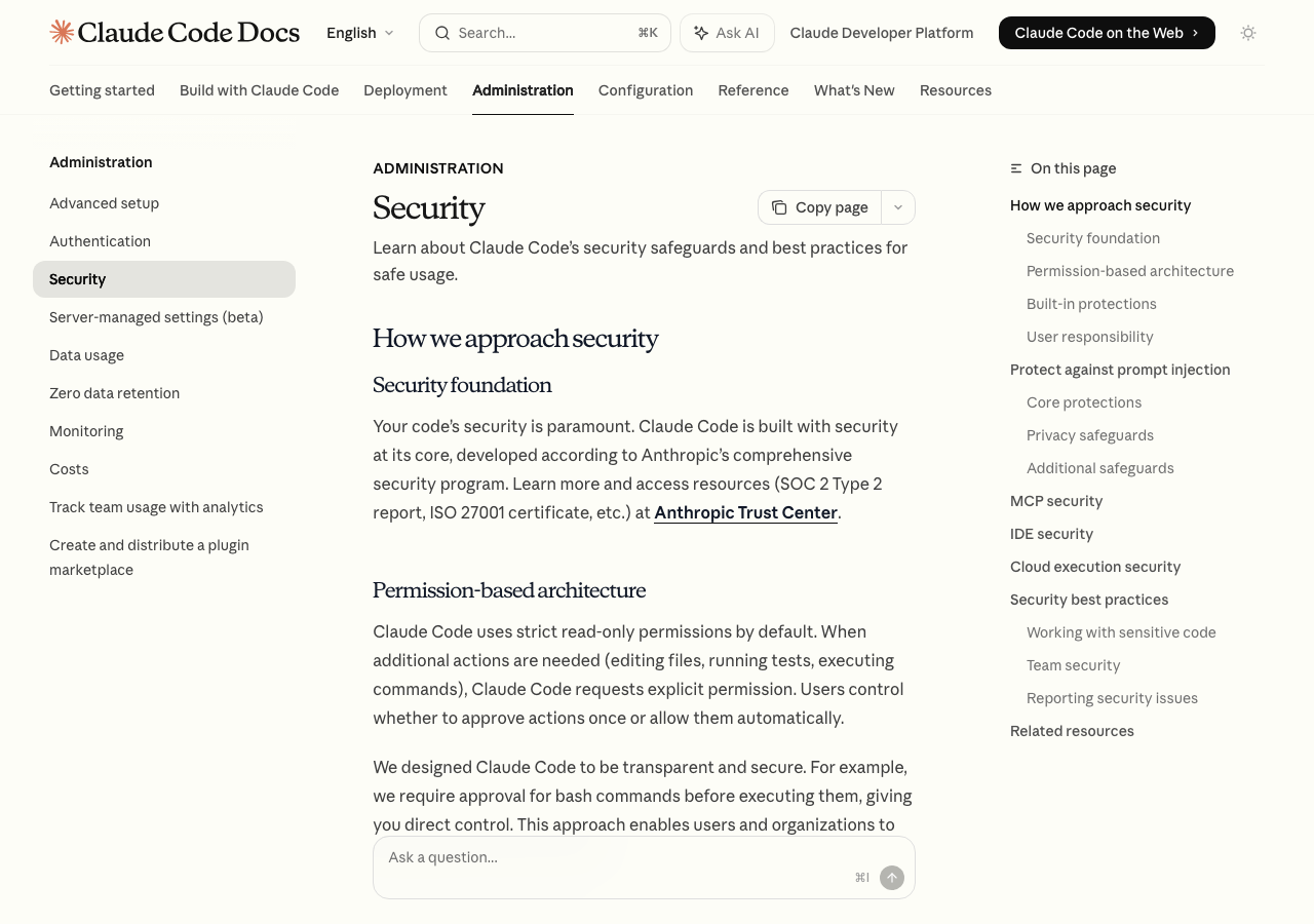 Anthropic公式ドキュメントのClaude Codeセキュリティページ(Security foundation・Permission-based architectureの解説)