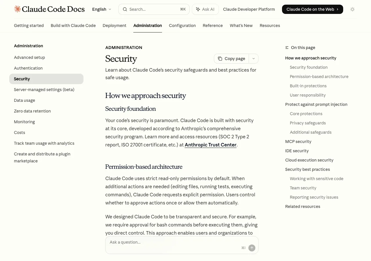 Anthropic公式ドキュメントのClaude Codeセキュリティページ（Security foundation・Permission-based architectureの解説）