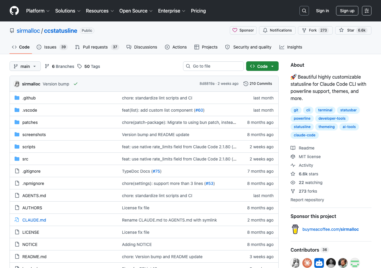 ccstatuslineのGitHubリポジトリ(github.com/sirmalloc/ccstatusline)。Star数6,600以上のClaude Code用Statuslineツール