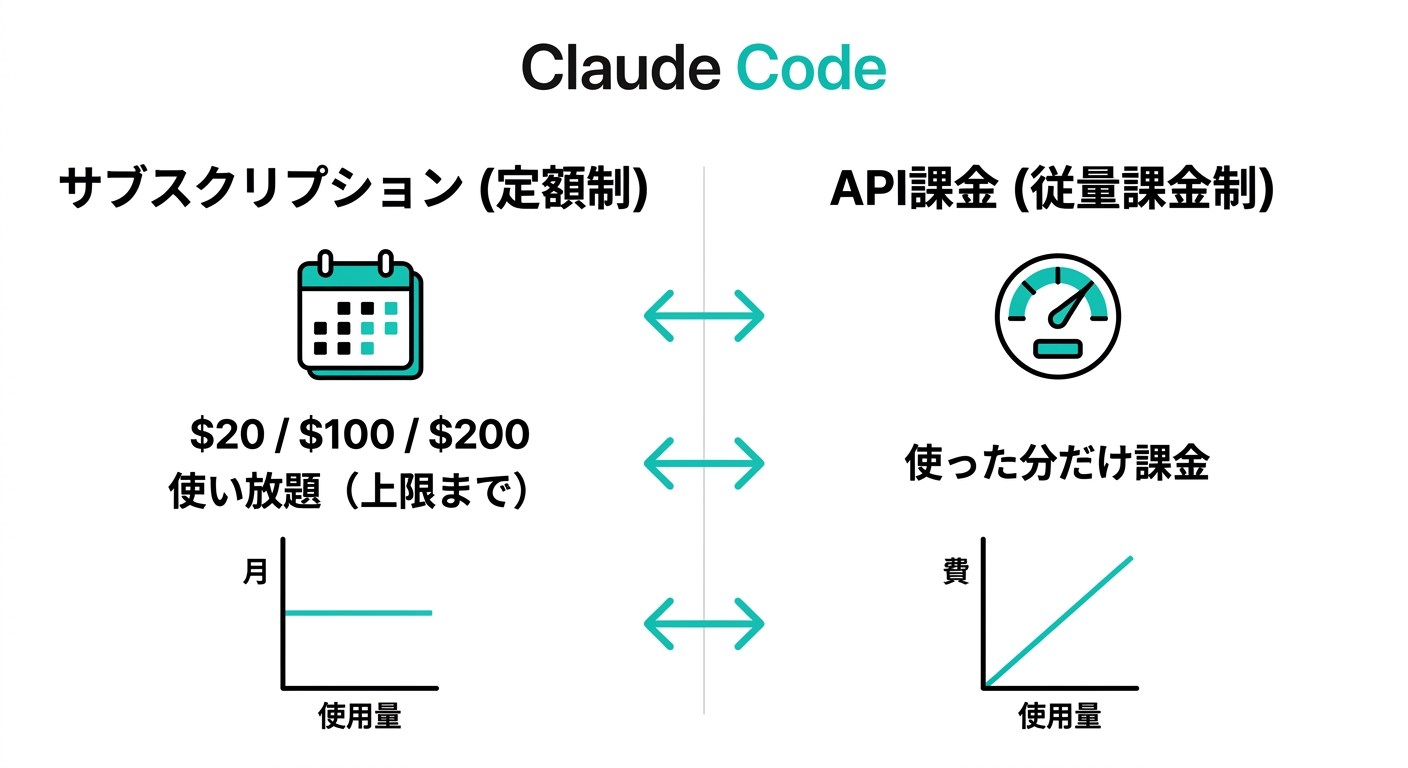 Claude Codeのサブスクリプション(定額制)とAPI課金(従量課金制)の比較図(公式ドキュメントより)