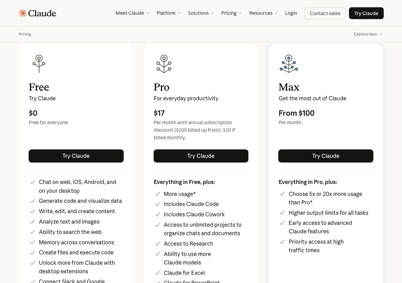 Anthropic公式サイトの料金プラン比較(Free・Pro・Max)