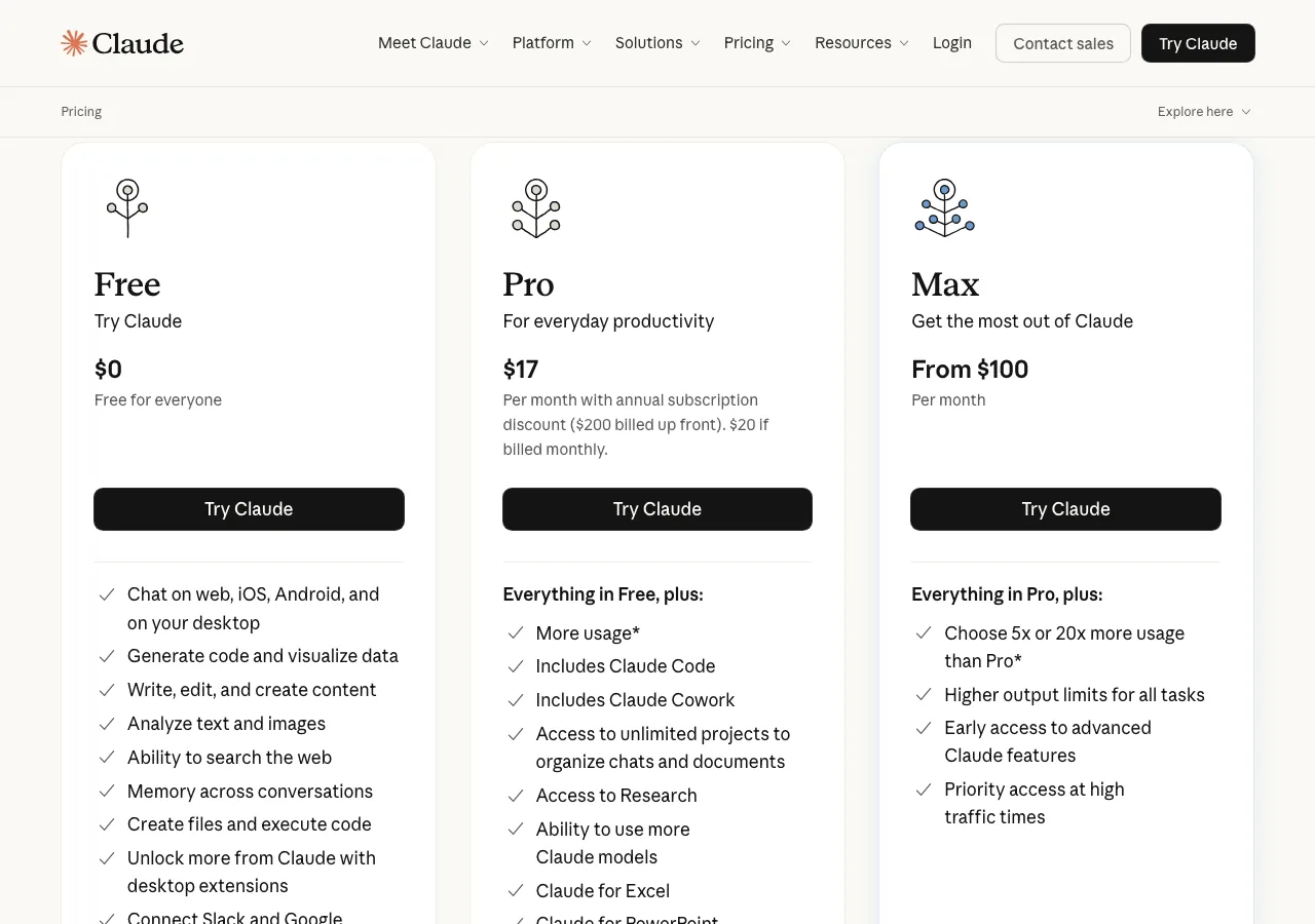 Anthropic公式サイトの料金プラン比較（Free・Pro・Max）