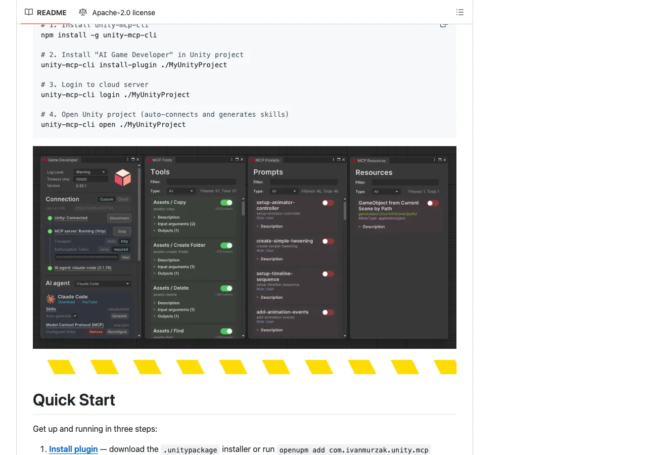 Unity-MCPのGitHubリポジトリのREADME：AI Game DeveloperのCLIコマンドとインターフェース（公式GitHubより）