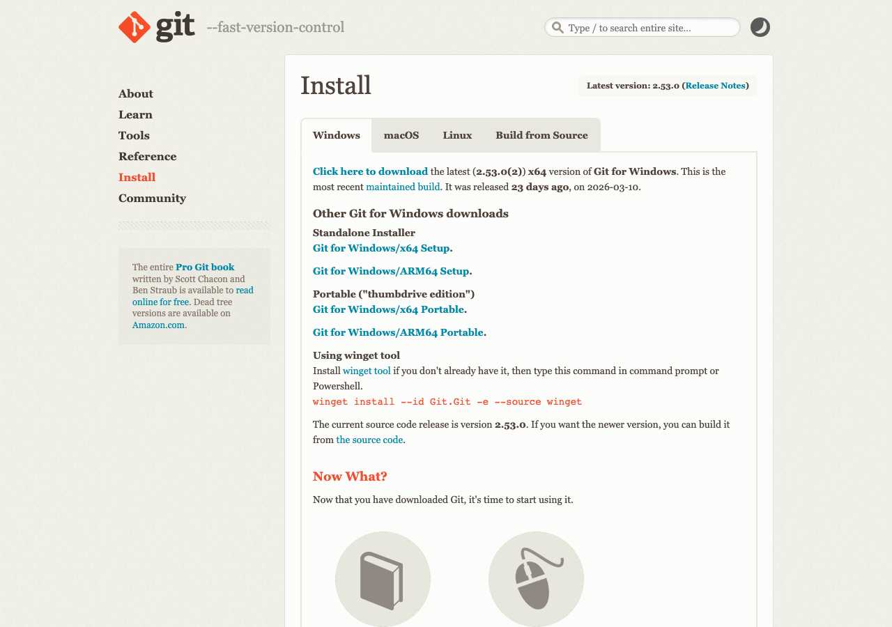 Git for Windowsの公式ダウンロードページ(2026年最新版)(公式サイトより)
