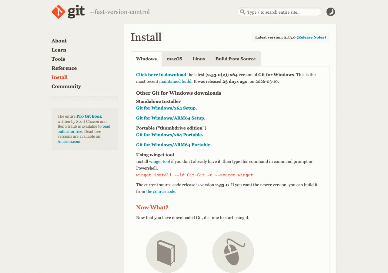 Git for Windowsの公式ダウンロードページ（2026年最新版）（公式サイトより）