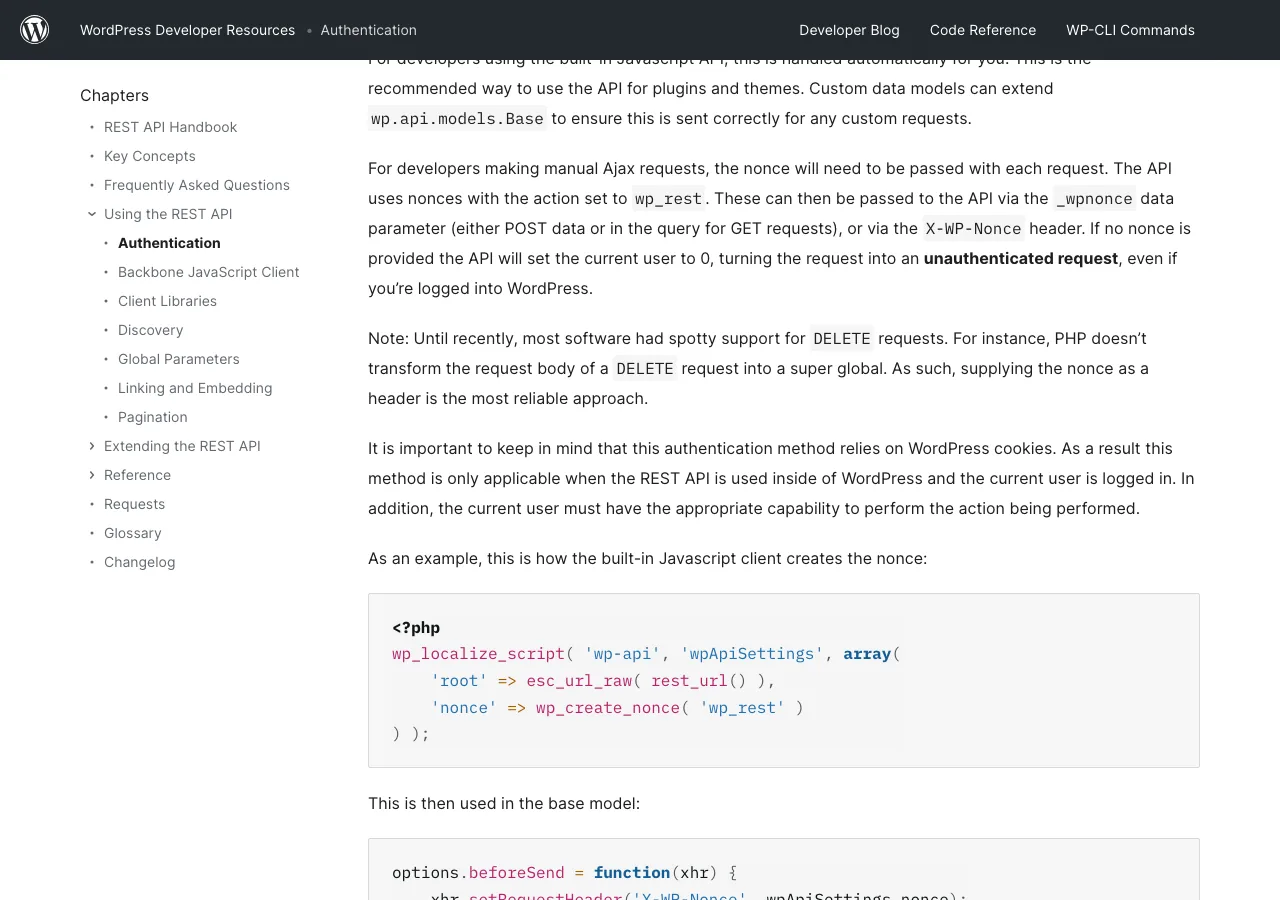 WordPress開発者リソースのREST API認証ドキュメント（WordPress.org公式より）