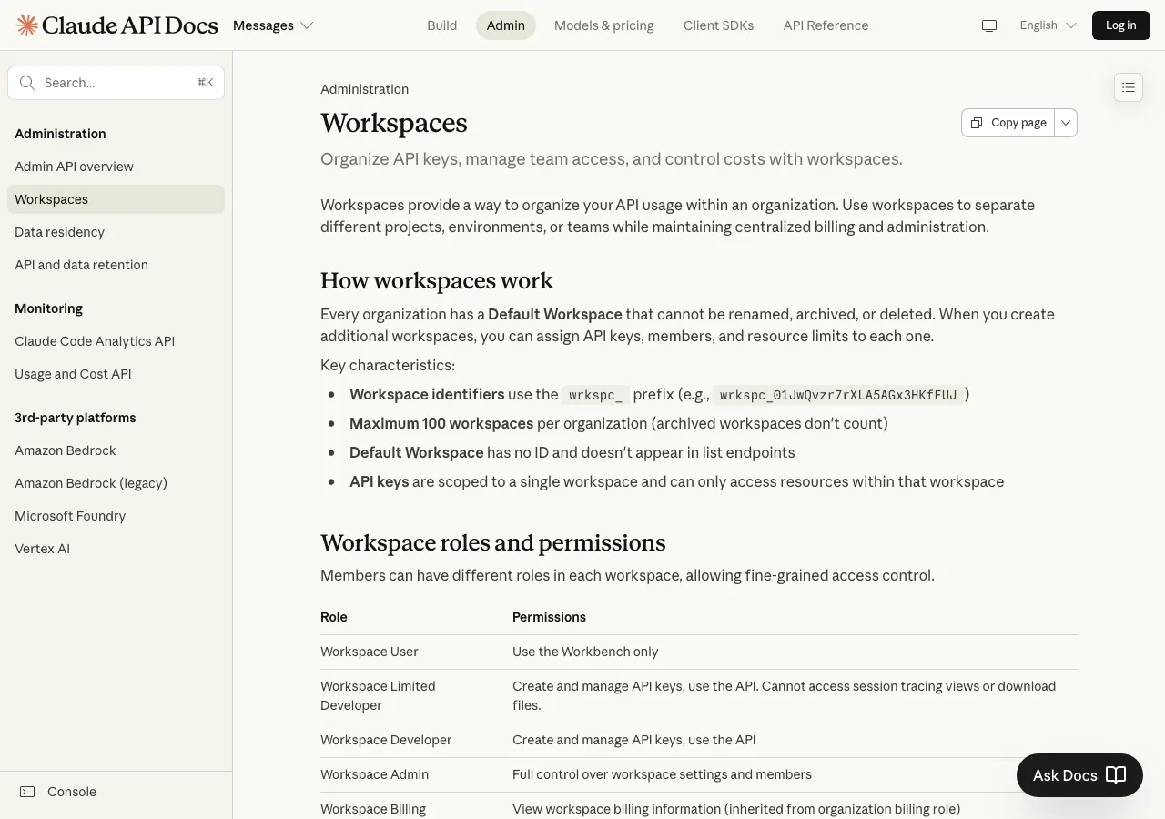 Anthropic Platform公式ドキュメントのWorkspacesページ（ロール一覧・概要が確認できる）（公式サイトより)