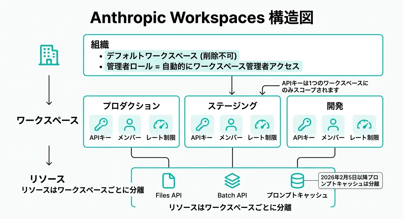 Anthropic Workspaces構造図：組織・Workspace・リソースの3層構造（.AI TIMES編集部作成）