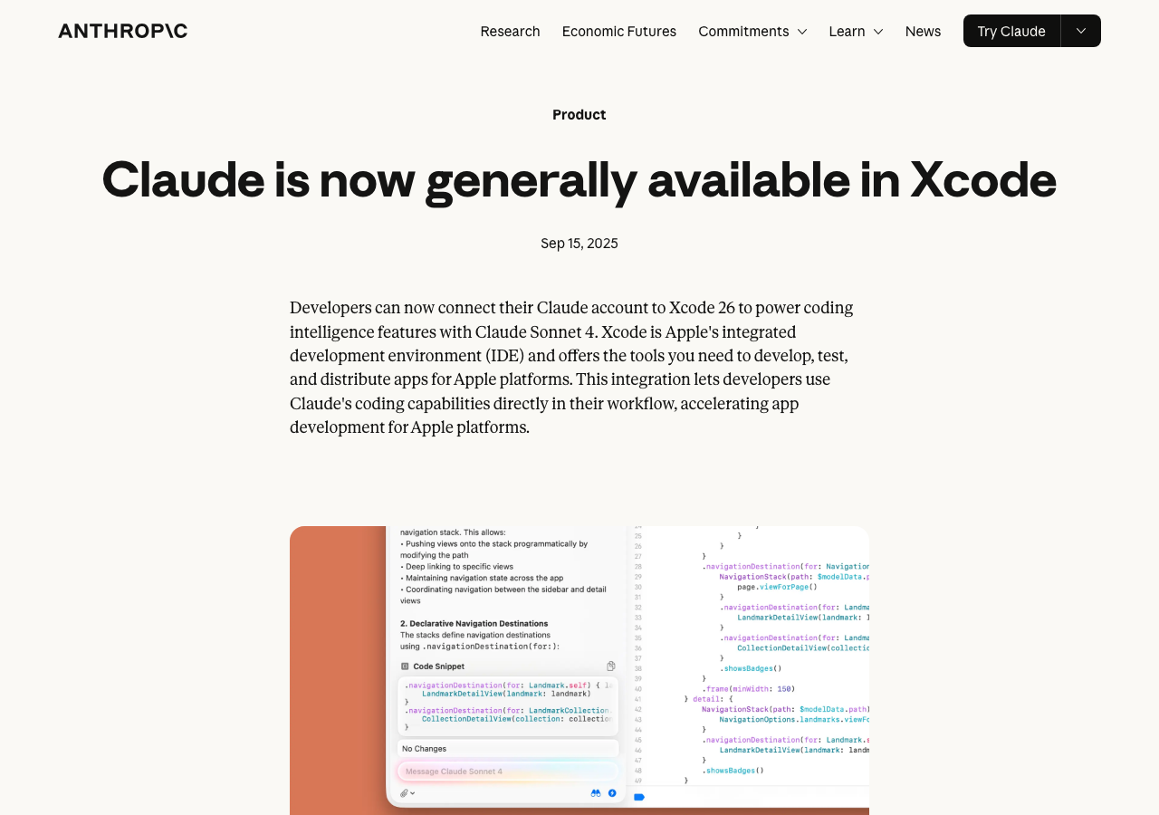 Claude in XcodeのAnthropicによる公式発表ページ(anthropic.com/news/claude-in-xcode より)