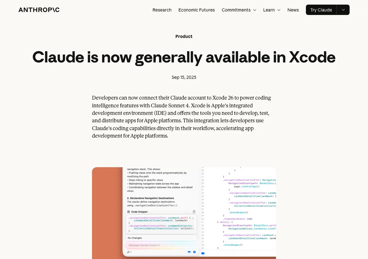 Claude in XcodeのAnthropicによる公式発表ページ（anthropic.com/news/claude-in-xcode より）