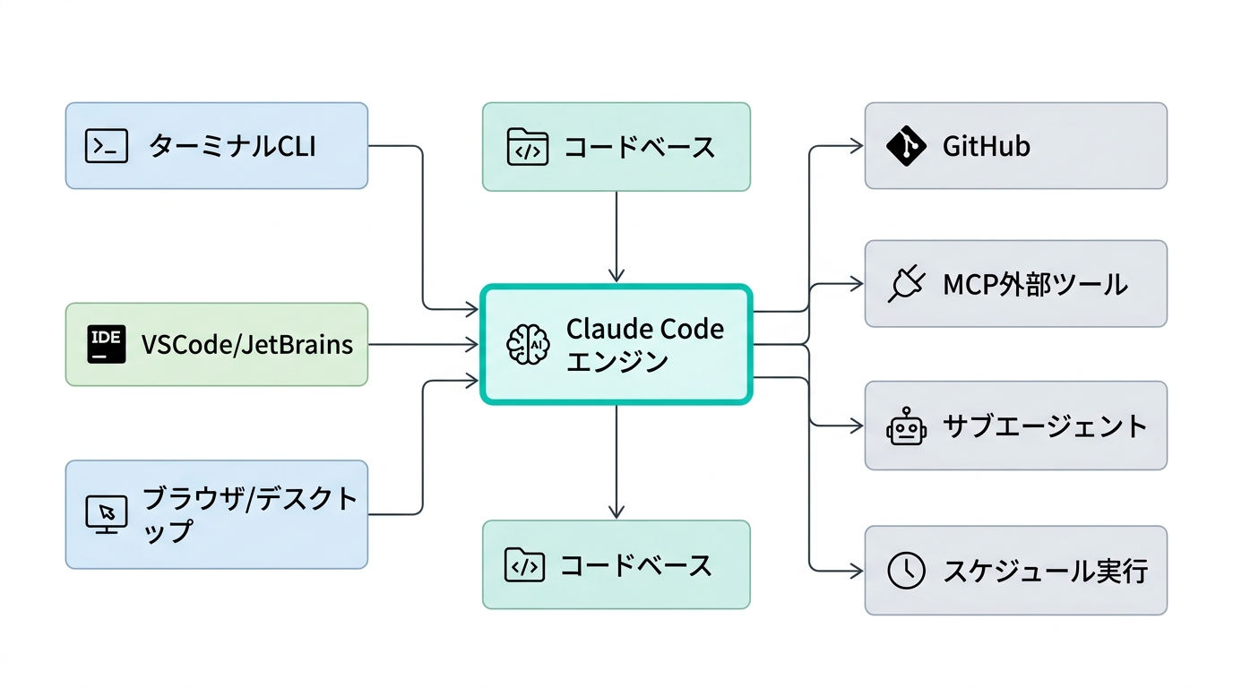 Claude Codeエコシステムのアーキテクチャ図:ターミナルCLI・VSCode・ブラウザからClaude Codeエンジンを通じてGitHub・MCP・サブエージェントと連携する全体像