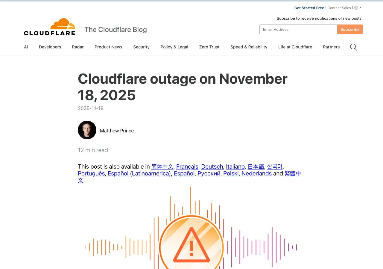 Cloudflare公式ポストモーテム：2025年11月18日の障害について、Matthew Prince CEOが詳細な原因と経緯を公開している（Cloudflare公式ブログより）
