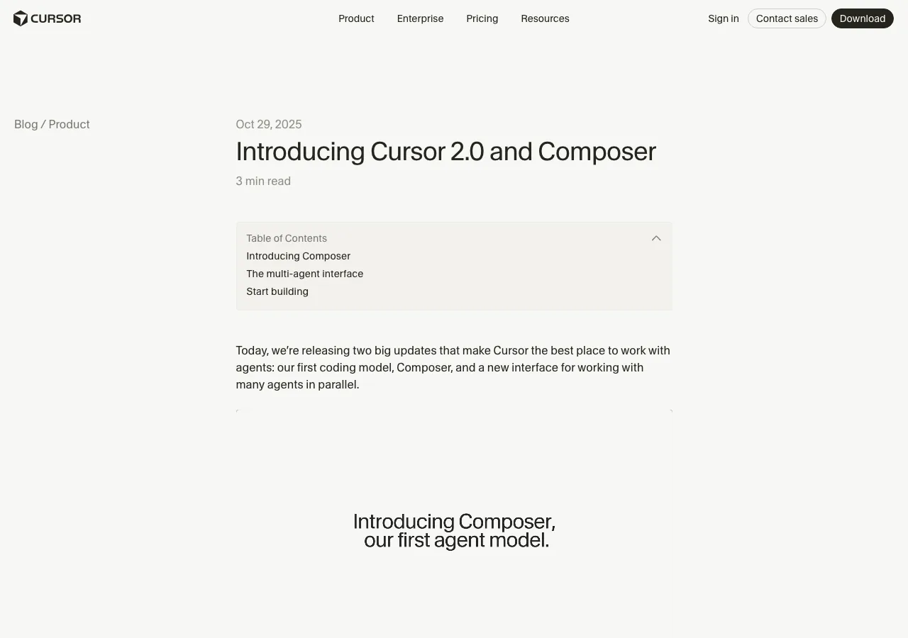 Cursor 2.0とComposerの公式リリースブログ（公式サイトより）