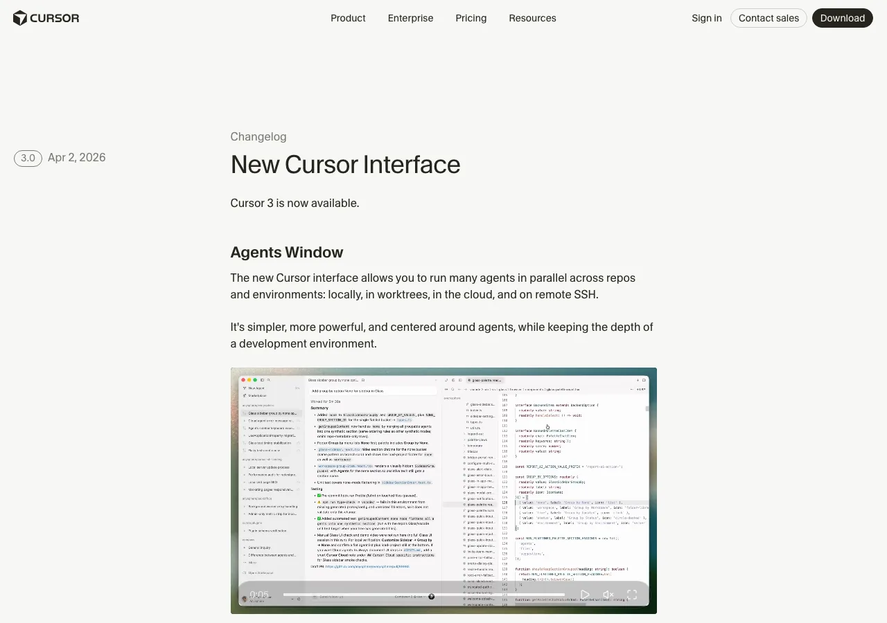 Cursor 3.0のAgents Window - 複数エージェントの並列実行を可能にする新インターフェース（Cursor公式サイトより）