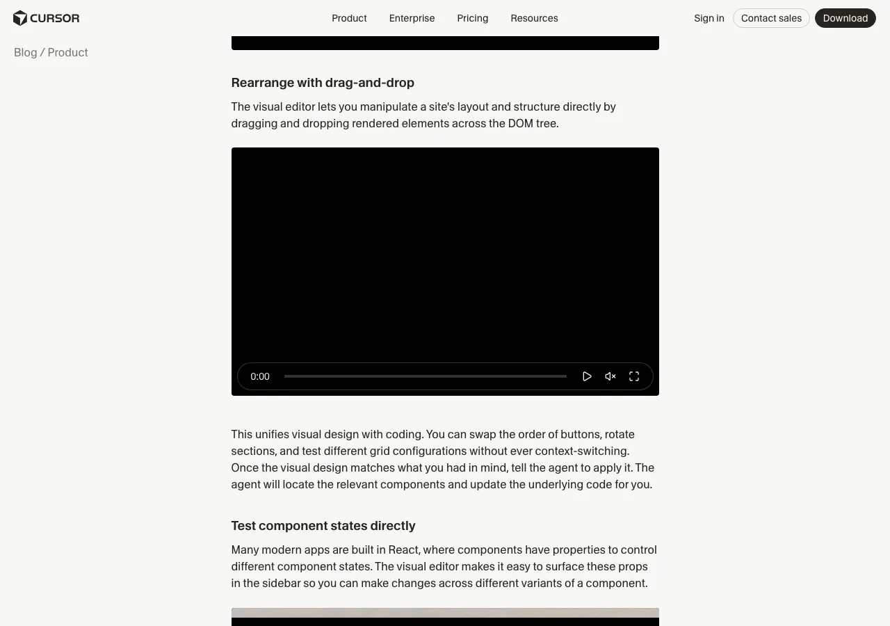 Cursor 2.2で追加されたビジュアルエディタ機能の紹介ブログ。ドラッグ&ドロップやPoint and Promptの解説（公式サイトより）