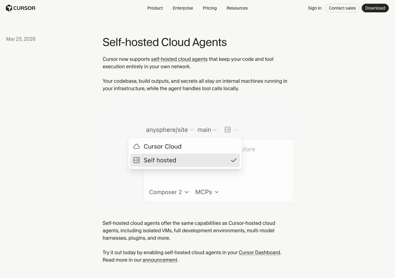 Self-hosted Cloud AgentsのCursor公式ページ(公式サイトより)