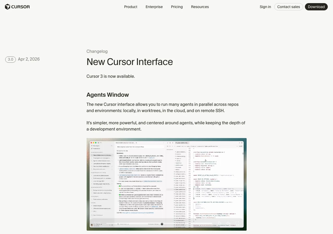 Cursor 3.0のchangelog公式ページ(公式サイトより)