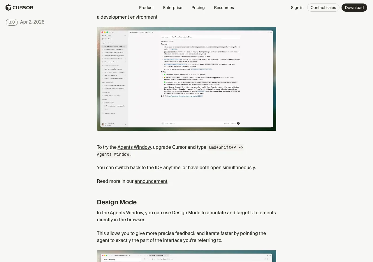 Cursor 3.0のAgents WindowとDesign Modeが確認できるchangelogページ（公式サイトより）